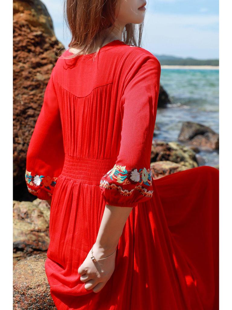 Women's White Embroidered Ethnic Summer Beach Dress with Big Swing Skirt