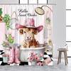 Bathing Highland Cattle Shower Curtains Funny Farm Animal Cactus Plant Pink Bath Curtain Set Polyester Bathroom Decor with Hooks
