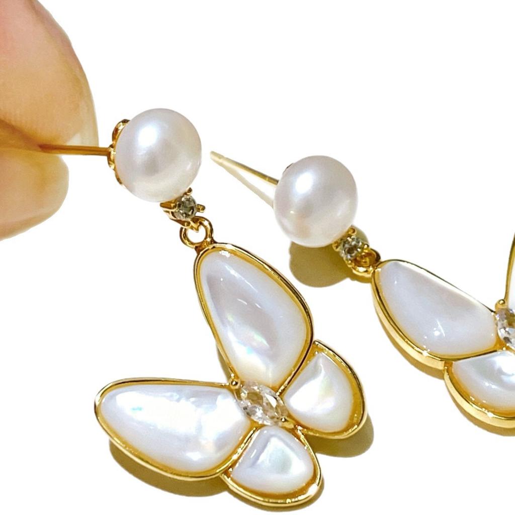 Natural Freshwater Pearl Earrings Women's S911 Silver Needle Korean Version Simple Mother Shell Butterfly Pendant Earrings Light Luxury High Sense