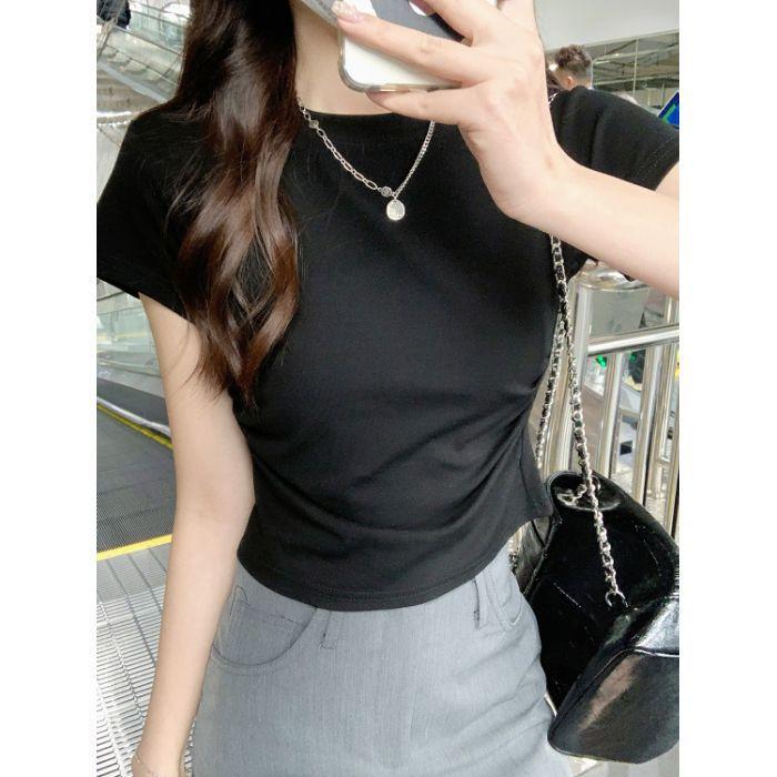 

Короткая футболка из хлопка для женщин, новый дизайн с короткими рукавами, круглым вырезом, облегающий крой, с морщинами на талии, универсальный топ для женщин 2XL