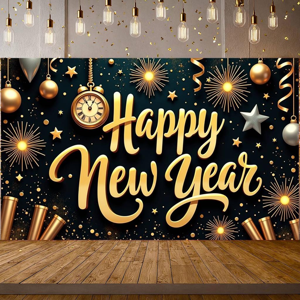 Event Banner Clock Decoration New Year Banner Festive Banner Metallic Color For Public Celebration Festive Gathering Home
