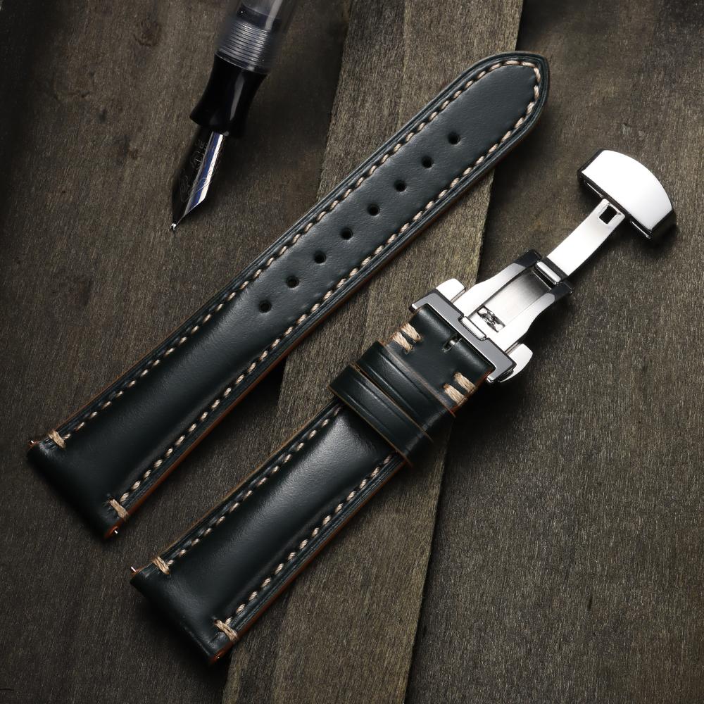 20mm 22mm 24mm Echtes Lederarmband für Omega Business Schnellverschluss-Uhrenarmband für Seiko Schmetterlingsverschluss Nähte Braunes Armband