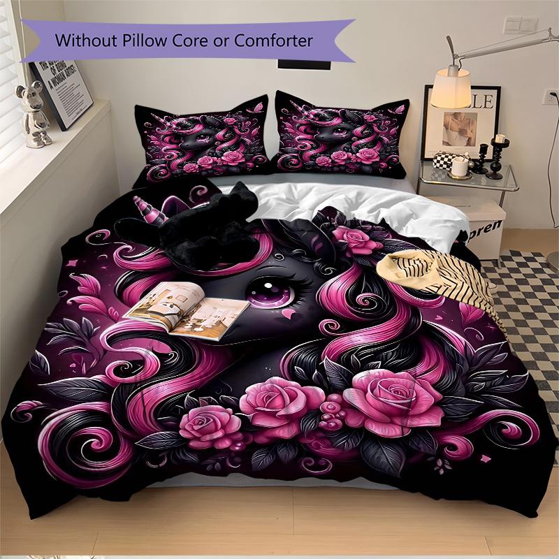 3pcs Noble Black Unicorn Printed Duvet Cover Set (1 * Cover+2 * Pillowcase, Without Core), Suitable for Home Bedroom, Guest Room, Dormitory Decor