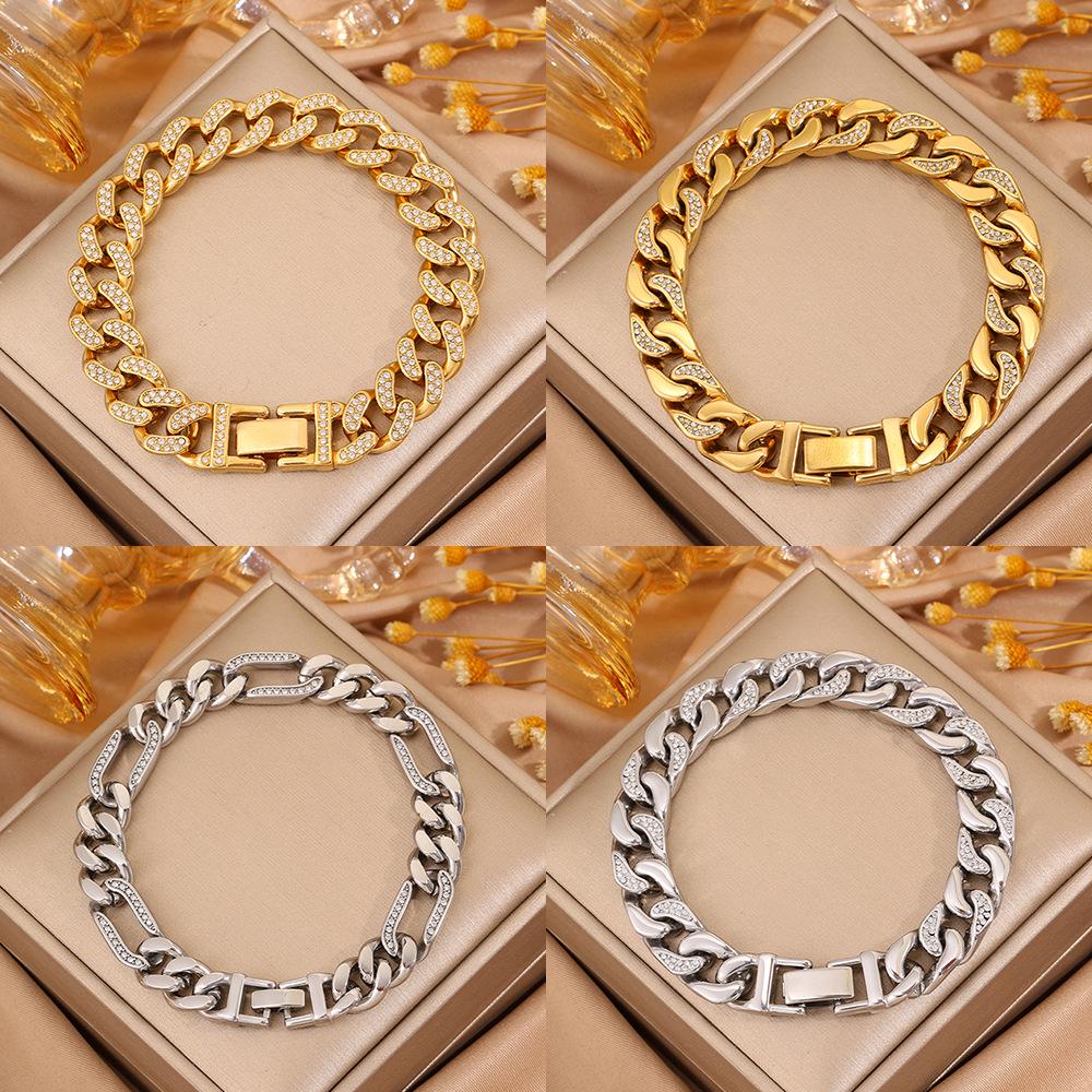 18K Gold Plated Women's Titanium Steel Cuban Chain Bracelet with Diamond Inlay - Luxurious European & American Fashion