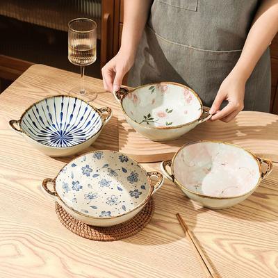 7.5inch Japanese Household Noodle Bowl Ceramic Soup Bowl With Handle Salad Pasta Bowl Kitchen Tableware Microwave Oven Bakware