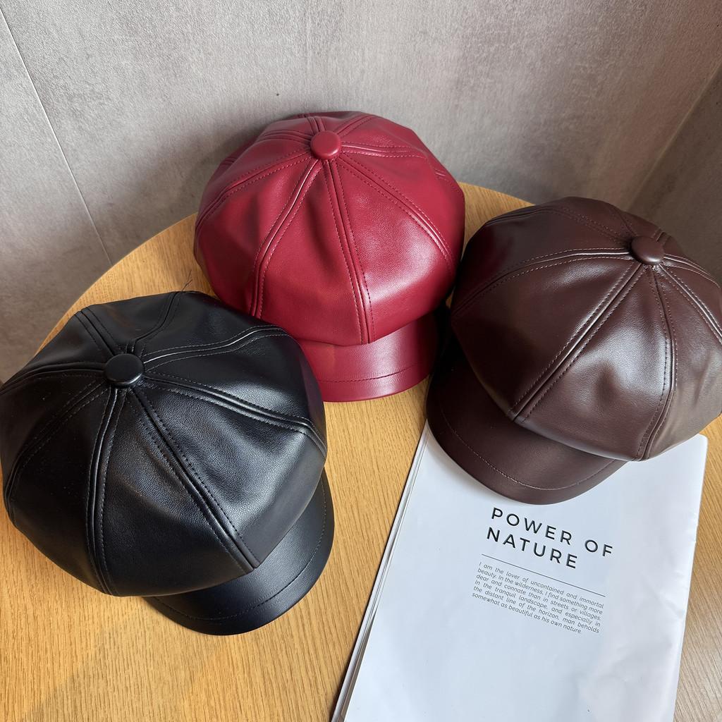 Retro Style Octagon Hat For Girls In Pu Leather With Sunshade And Breathability