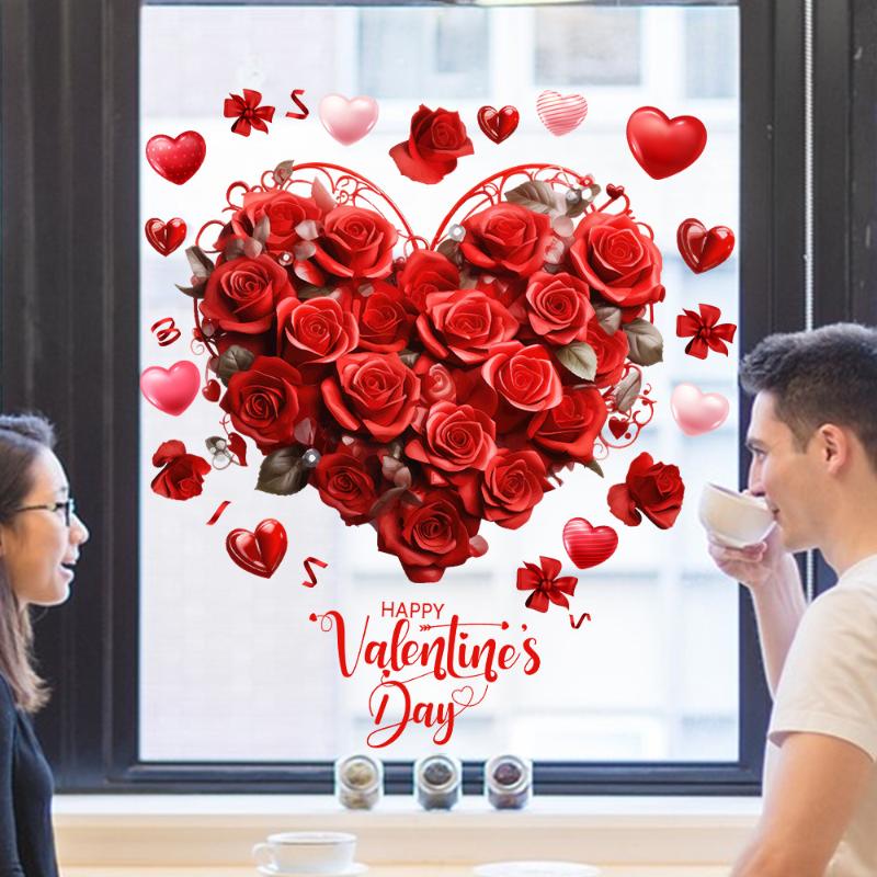 יום האהבה רומנטי אדום ורוד ורד צורת לב מדבקות לחלון קישוט אווירה חגיגית למסיבה לבית לחנות למסעדה