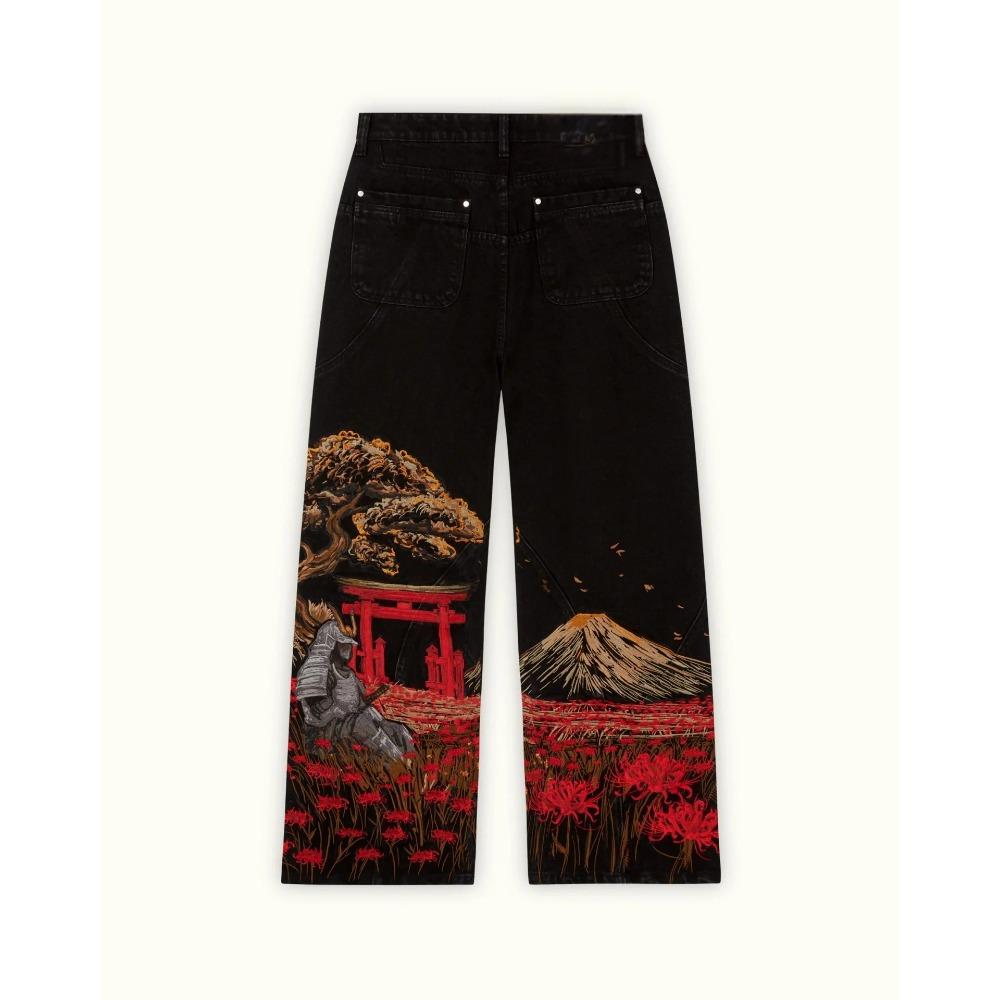 Damen Jeans mit hohem Bund und weitem Bein Lockerer Schnitt Sakura Knight Stickerei Helles Denim Hosen Amerikanischer Vintage Streetwear Lässige Lange Hosen