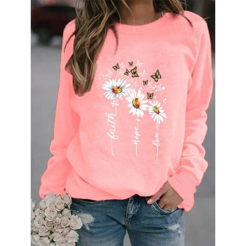 Vinter Dame Daisy Printed Topper T-skjorte Dame Rundhals Langermet Casual Sweatshirt Plus Size Bluse