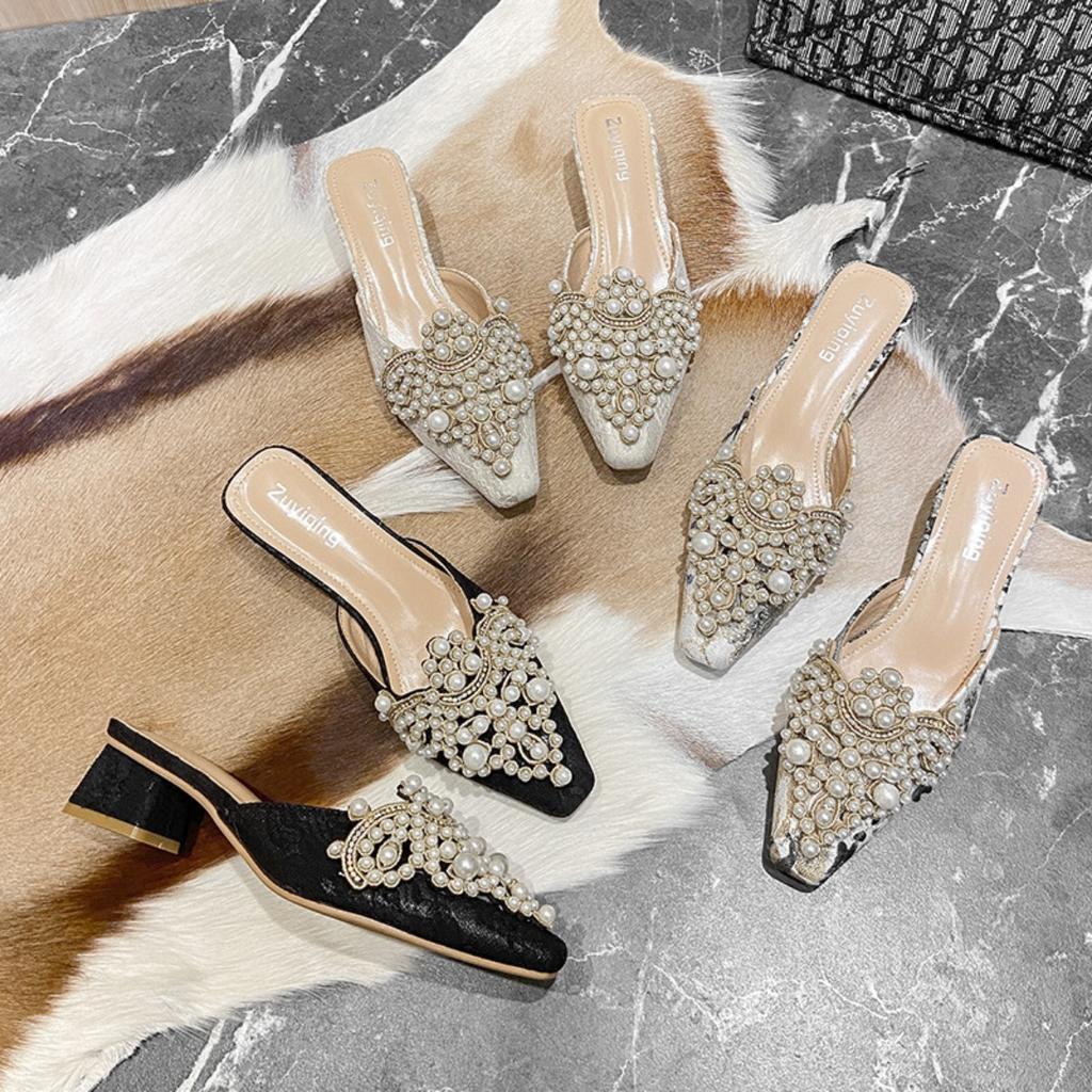 New Thick Heel Baotou Slippers with Pearl Decoration for Women's Head, Middle Heel, Soft Bottom, Half Tow, Outerwear Cool