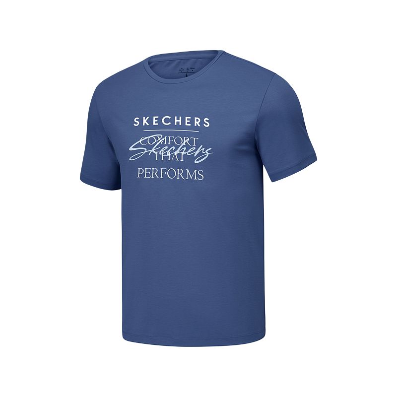 Skechers Logo Knitted Letter Round Neck Cool Short Sleeve T-Shirt Men Tops Deep-Sea-Blue P225M088-0079 S