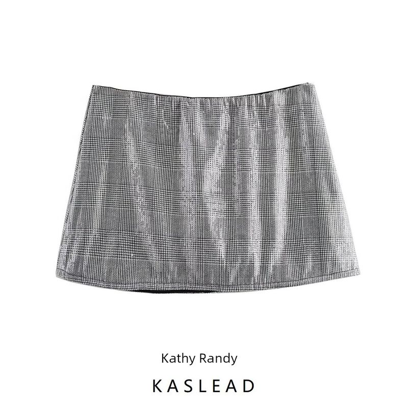 Kaslead New Women Clothes Western Style Versitile Fashion Plaid Sequined Sexy Low Waist Skirt