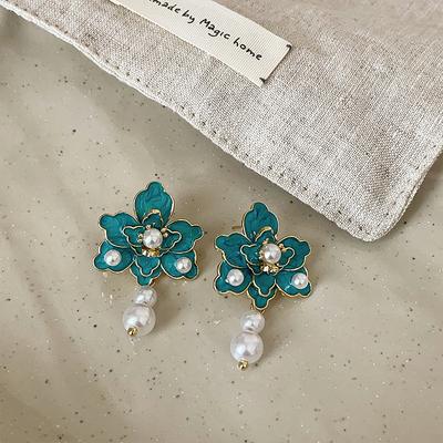 Dripping Oil Blue Flower Pearl Stud Earrings Female Exaggerated Personality Fashion Temperament Elegant Trend Versatile Earrings