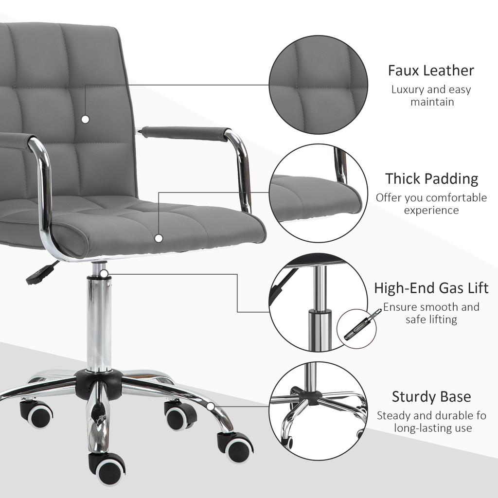 Makeup Vanity Chair, PU Leather Mid Back Office Chair with Adjustable Height, Armrest and Rolling Wheels, Grey