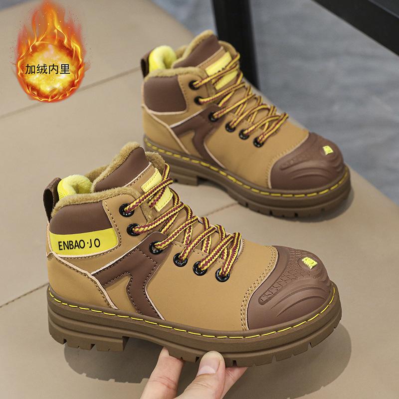 

Мальчики желтые ботинки флисовые термо хлопковые туфли зима новые дети и девочки студенческие ботинки Мартин с высоким верхом повседневные зимние ботинки 38 верблюд