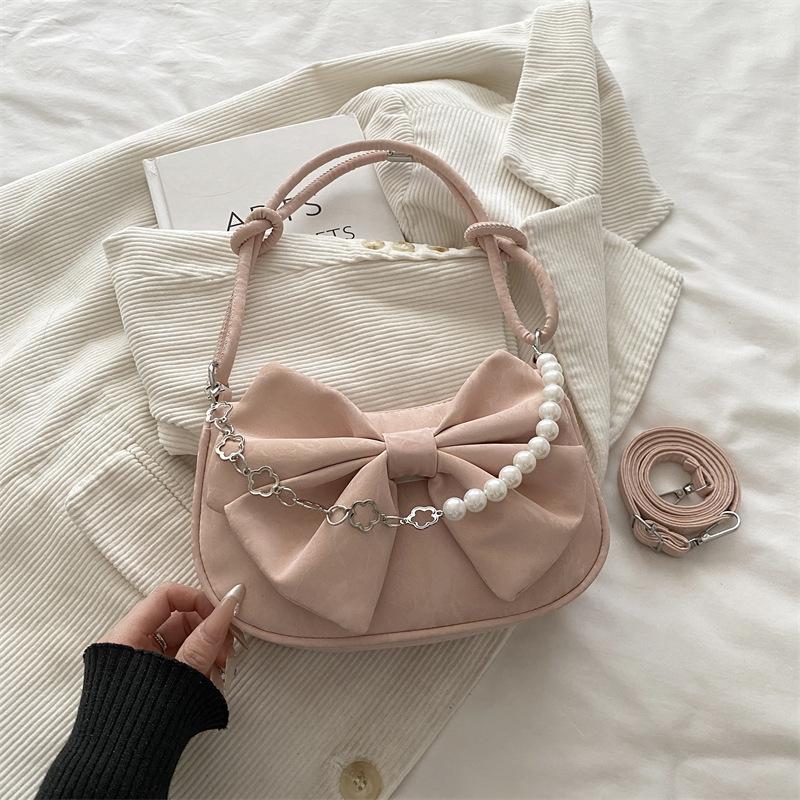 Sweet Bow Floral Women Shoulder Underarm Bags Simple Solid Color Ladies Crossbody Bag Versatile Portable Pearl Chain Handbag