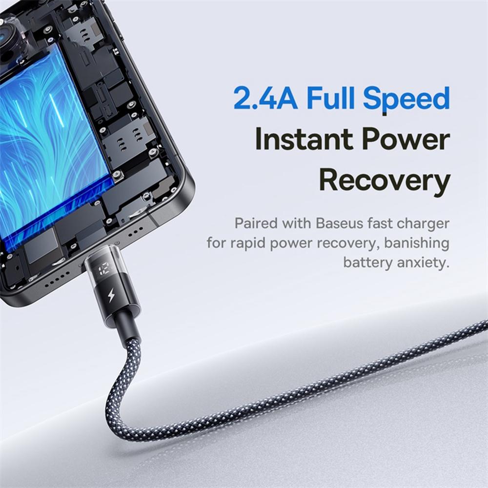 BASEUS USB to Lightning Cable 2.4A Fast Charging Data Cable Digital Display Transparent Port 1m Nylon Braided