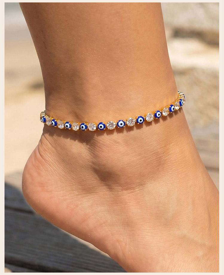Anlaufgeschütztes Evil Eye Tennis-Fußkettchen-Armband für Damen, Glücksbringer Nazar Türkisches Auge Strasskettchen, Schutz-Amulett Schmuck Geschenk