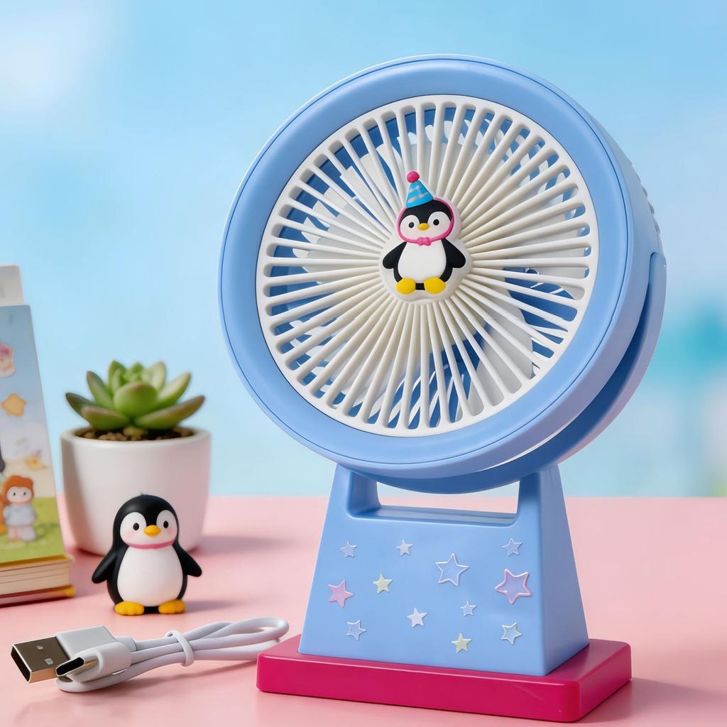 Cute Cartoon Desktop Small Fan with Adjustable Angle and Three-speed Settings for Cooling and Temperature Reduction. Charging Fan.