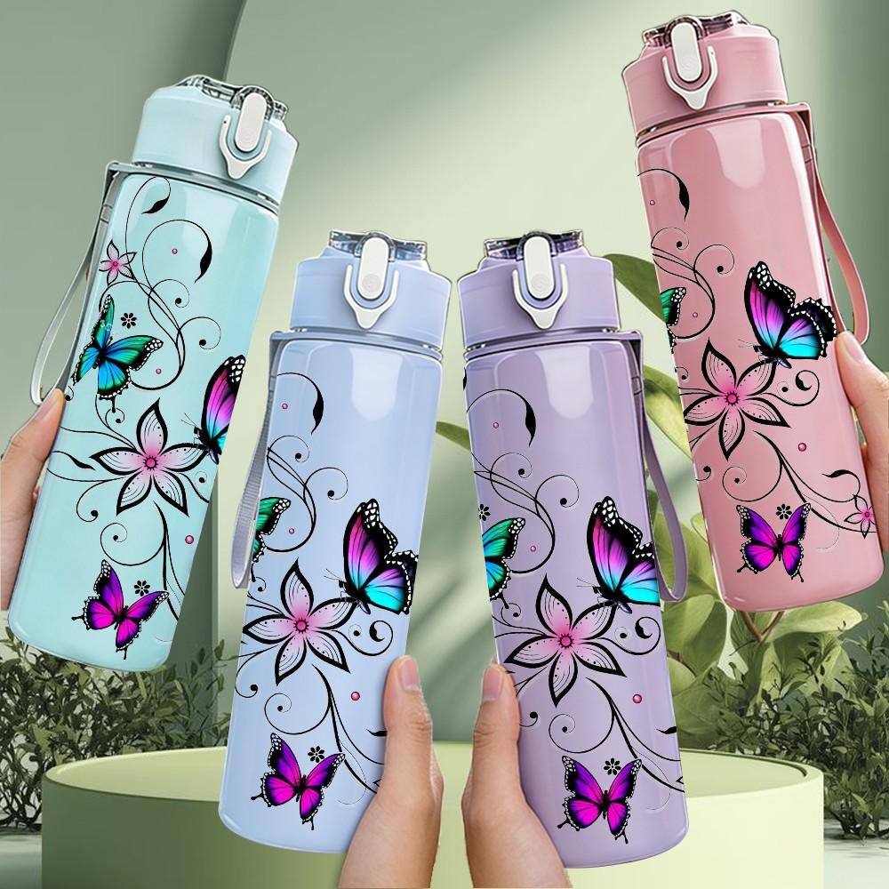 1PC Colorful Butterfly Floral Pattern 750ml Color Plastic Sports Water Bottle Leakproof Flip Straw Lid Suitable for Sports Office Home Use