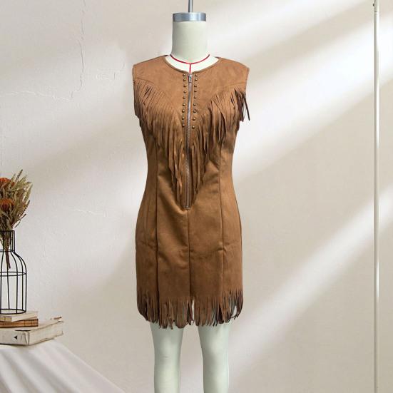 Kadın Sahte Deri Püsküllü Kovboy Elbisesi Boho Yarım Fermuarlı V Yaka A Kesim Askılı Mini Elbise Vintage Püsküllü Kolsuz Mini Elbise