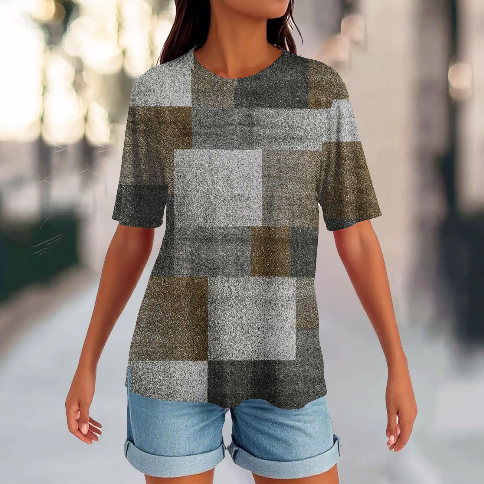 

Женский круглый вырез с разрезом по низу, модный повседневный однотонный топ с короткими рукавами S коричневый