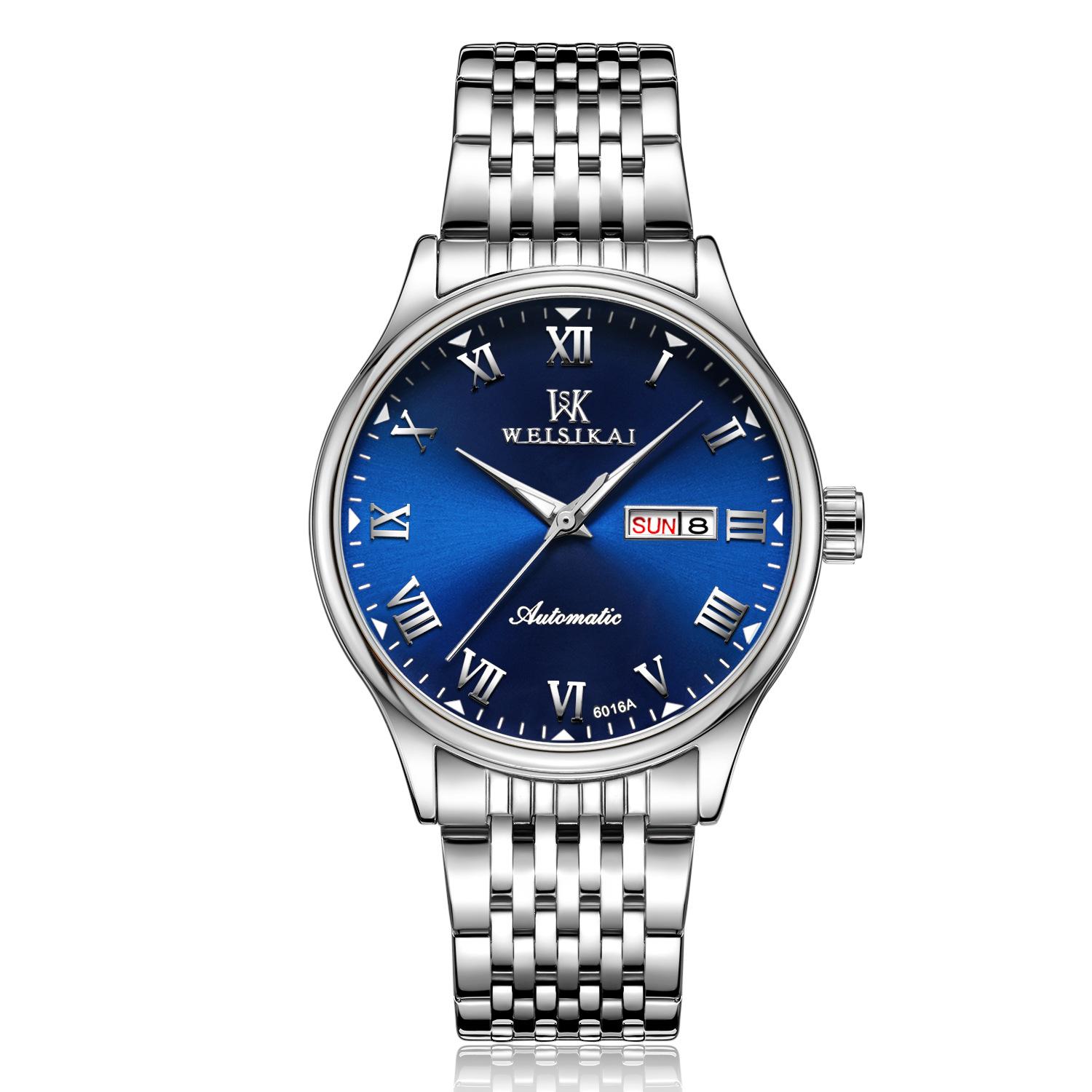 

WEISIKAI 6016A Мужские часы Новые ТОП брендовые роскошные мужские часы с коробкой Водонепроницаемые светящиеся автоматические мужские механические часы с календарем синий