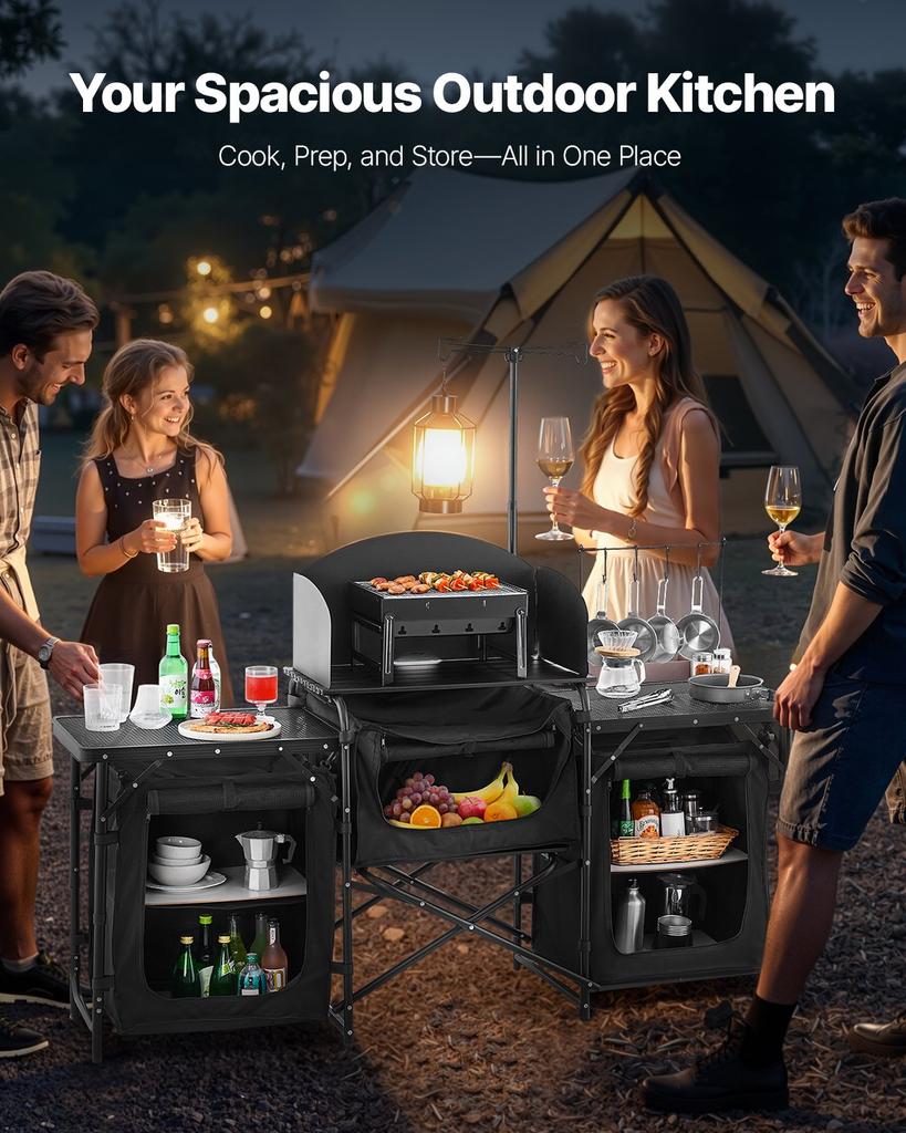 VEVOR Camping Kitchen Table, Outdoor Camp Cooking Table, Aluminum Portable Cook Station with 3 Storage Cupboard, Carrying Bag, Detachable Windscreen