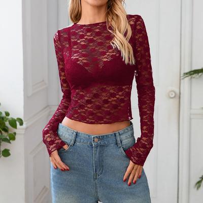 Dámsky čipkovaný sieťovaný crop top s dlhým rukávom