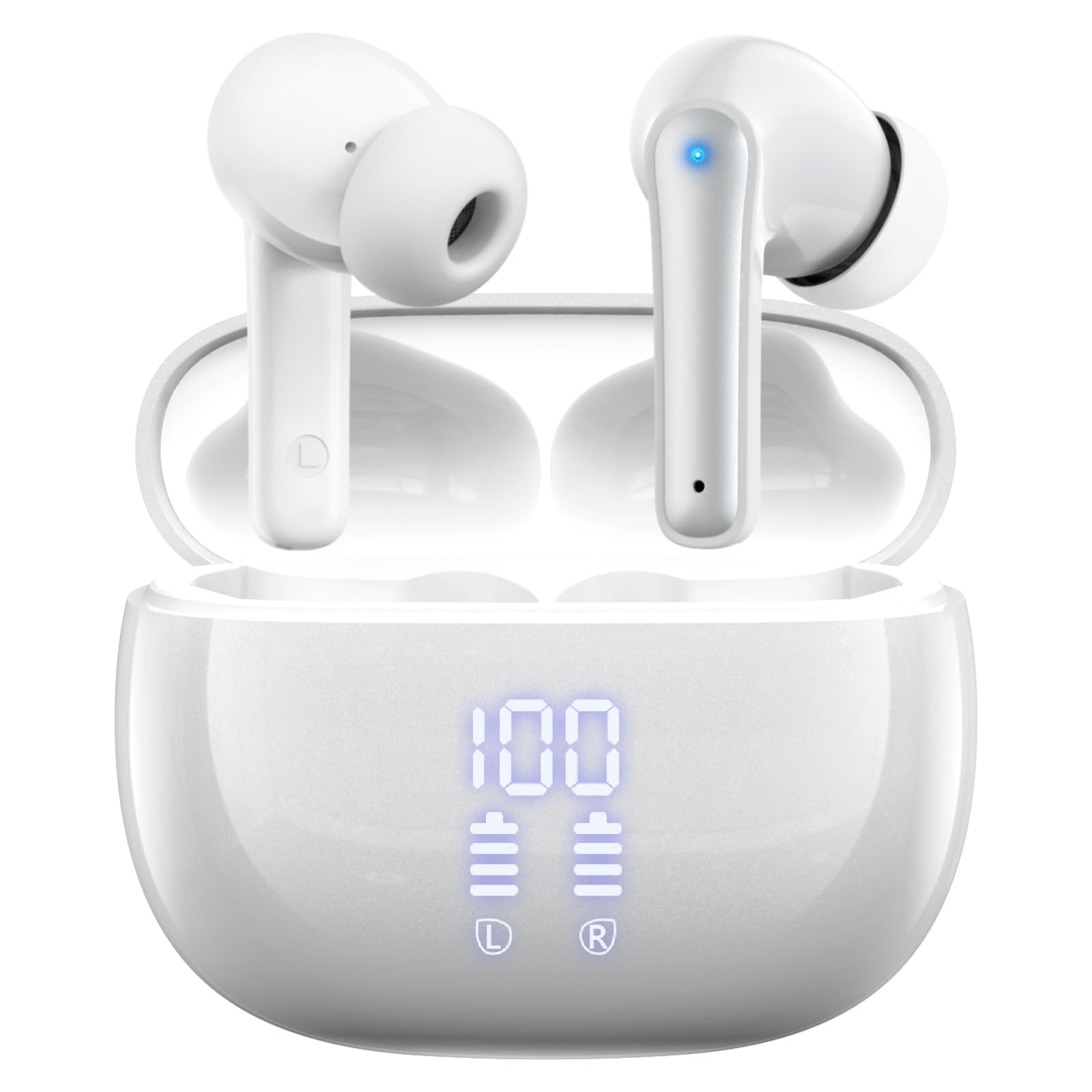 

Wireless earphones with charging left and right separated with for one ear or both white case, type, display, ears, белый