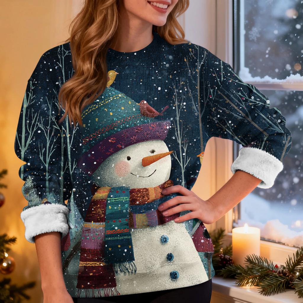 Women's Casual Fashion Round Neck Plus Velvet Thickened Christmas Print Sweatshirt