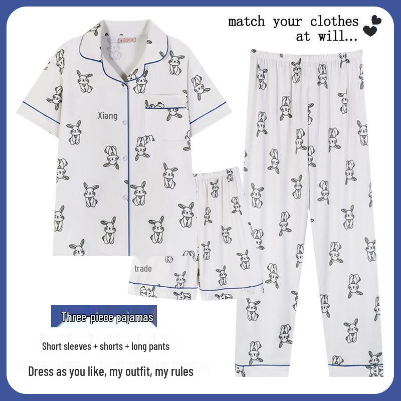Women's Soft & Cute Rabbit Pajamas, Japanese Milk Tone, Cartoon Style, Girly Short-Sleeve 3-Piece Set