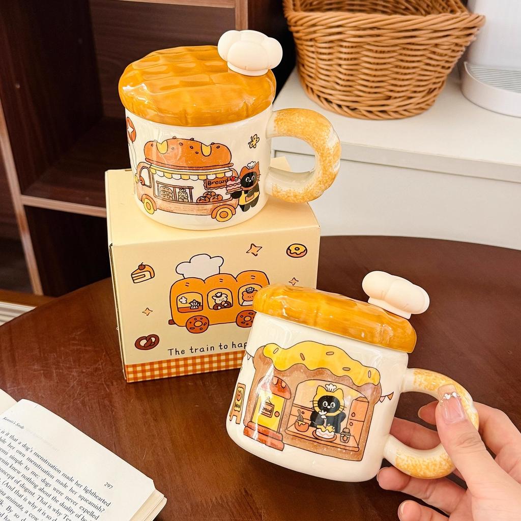 Cute Bread Cat Ceramic Mug with Lid Spoon High Value Water Cup Household Breakfast Milk Cup Birthday Gift