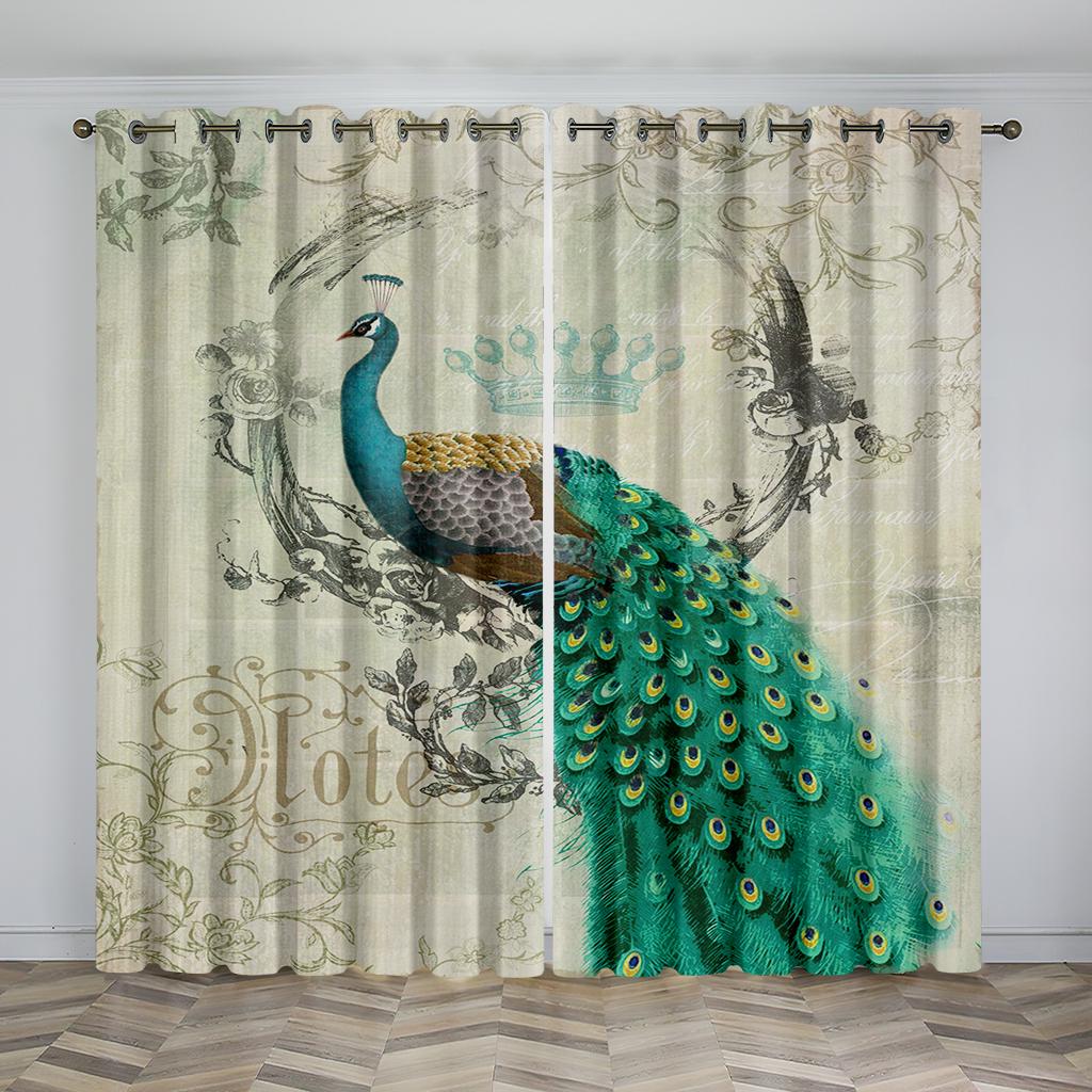 Peacock Blue Feather Animal-themed Blackout Curtains, a Set of Two Panels, Suitable for Decorating Living Rooms, Bedrooms, Studi