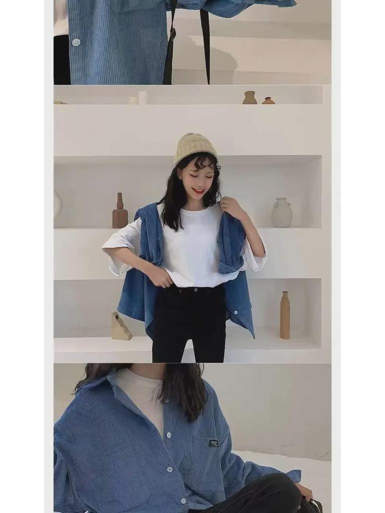 Women's Blue Corduroy Shirt Jacket - Korean Style, Loose Fit, Long Sleeve for Spring & Autumn 2025