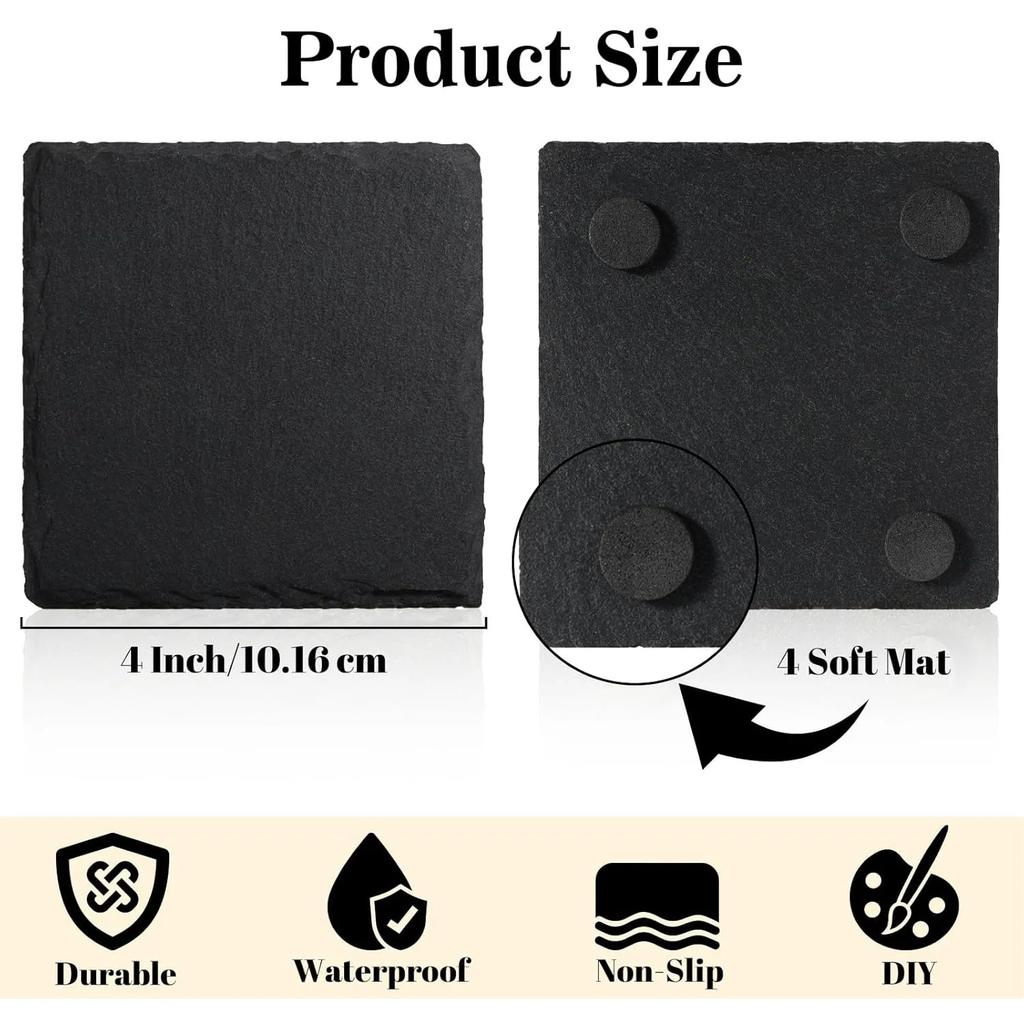 8pcs Slate Coasters Bulk - 4 Inch Square Round and Hexagon Handmade Black Stone Blanks for Laser Engraving and Home Decor