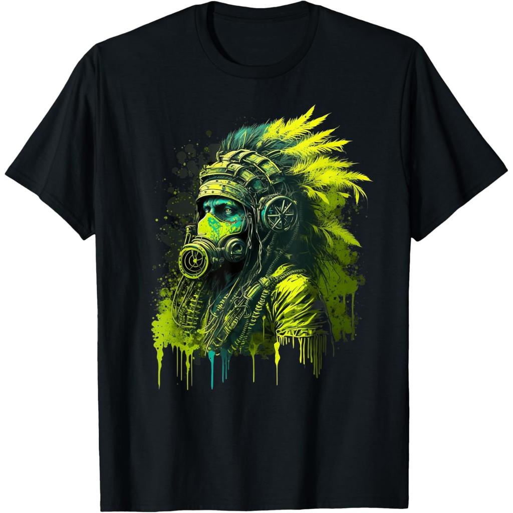 Native American Gas Mask Graphic Tee Men Tribal Steampunk Print Round Neck T-Shirt