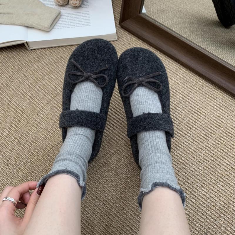 Fashion Women's Felt Mary Jane Shoes with Bow Detail Cozy and Cute Flat Shoes Woolen Fabric Flats Ladies Comfort Outdoor Warm Cotton