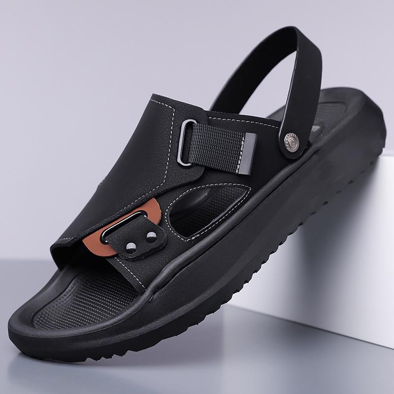 2026 Men s Thick-Soled Leather Sandals: Casual, Non-Slip Beach & Outdoor Wear-Resistant Slippers 43 чёрный