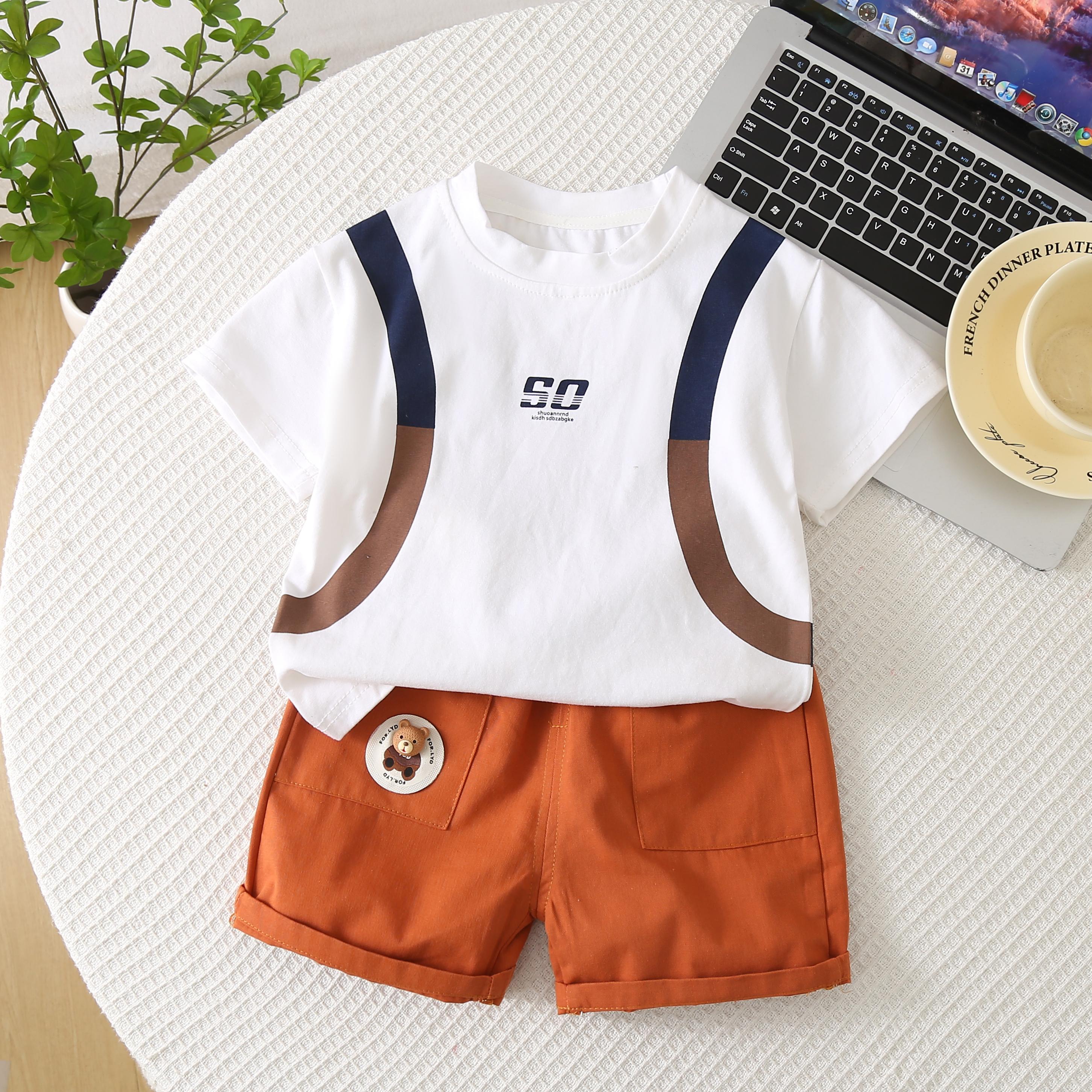 

Комплект из 2 предметов для мальчиков из хлопка - Футболка с коротким рукавом и круглым вырезом с принтом букв + подходящие повседневные шорты - Высококачественная детская одежда -S-XXL XXL белый