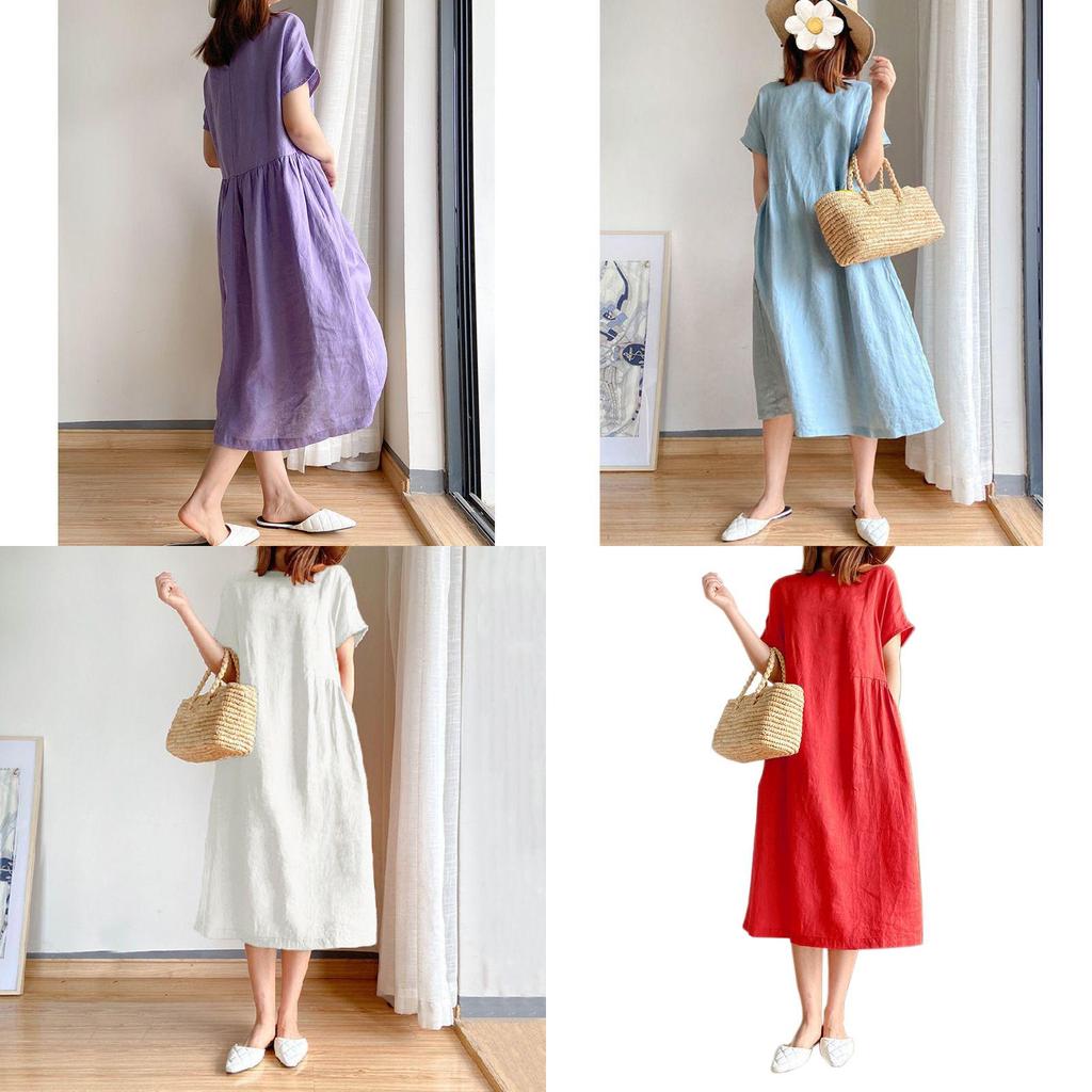 Luxurious Cotton Loose And Thin Dress For Women With Short Sleeves And Round Neck