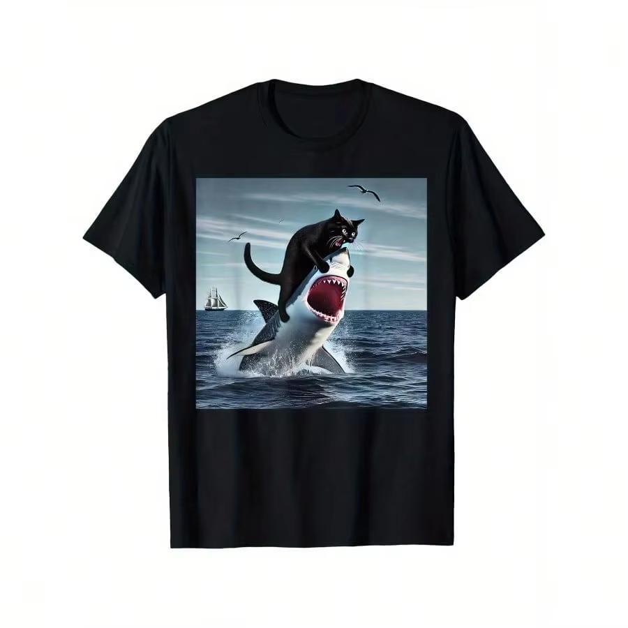Cat Biting Shark Graphic Tee Relaxed Fit Cotton Short Sleeve Casual Comfortable Kids Tshirt Men's Shirts Women Y2k T-shirts