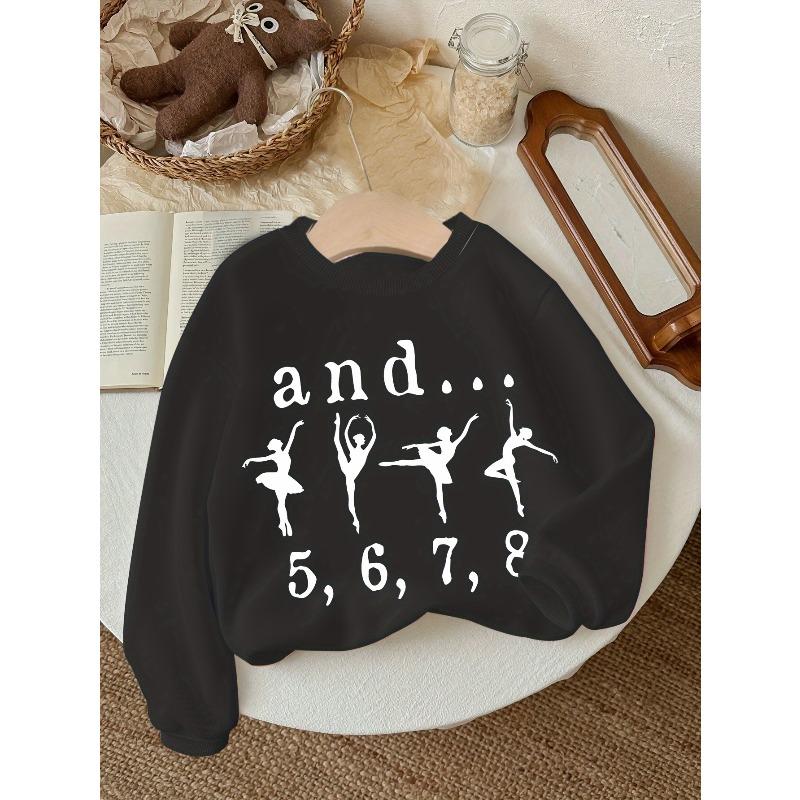 Kids Long Sleeve Crewneck Sweatshirt, Fashion Ballet Dancer Print, Autumn Winter Kids Outfit 110 чёрный