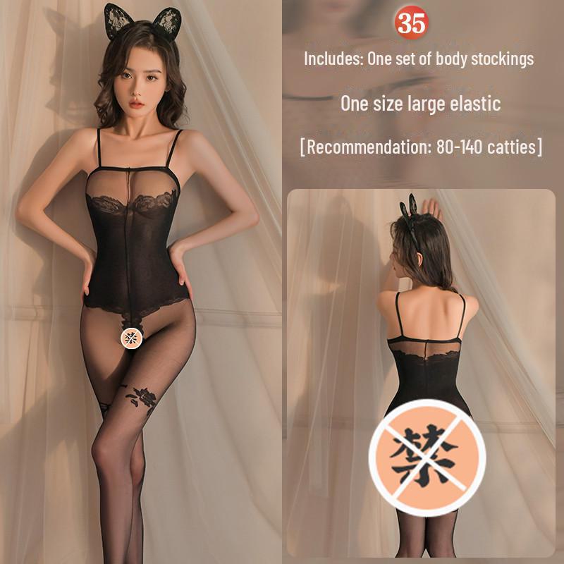 Erotic Black Mesh One-Piece Lingerie Set with Open Stockings - Tempting and Sexy