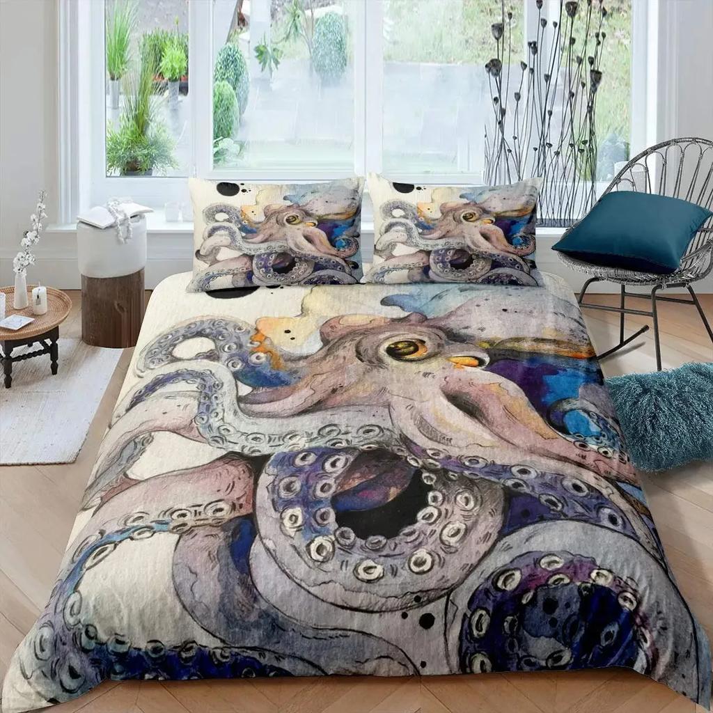 Oktopus Bettbezug Set Oktopus Tentakel Bettwäsche Set Nautisch Ozeanblau Bettwäsche Meer Marine Themen Steppdeckenbezug Doppelbettgröße