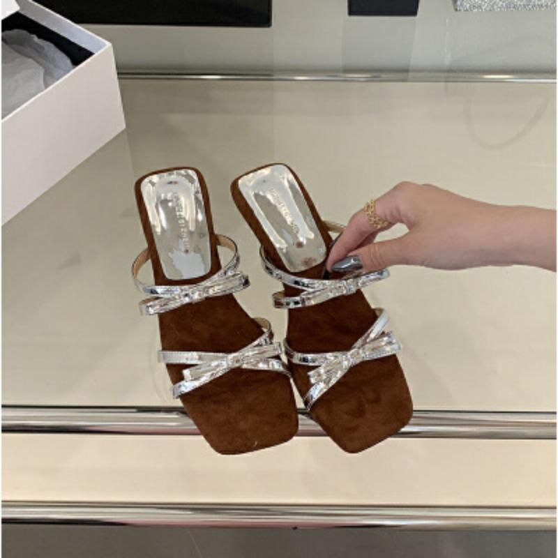 Autumn new sweet bow square head wedge heel high heel one-word drag outside wear cool slippers