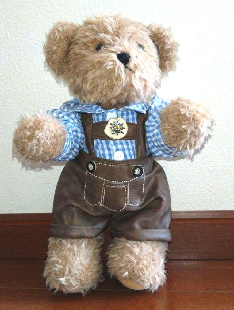 [USED] Teddy bear in Oktoberfest costume: gingham shirt and overalls