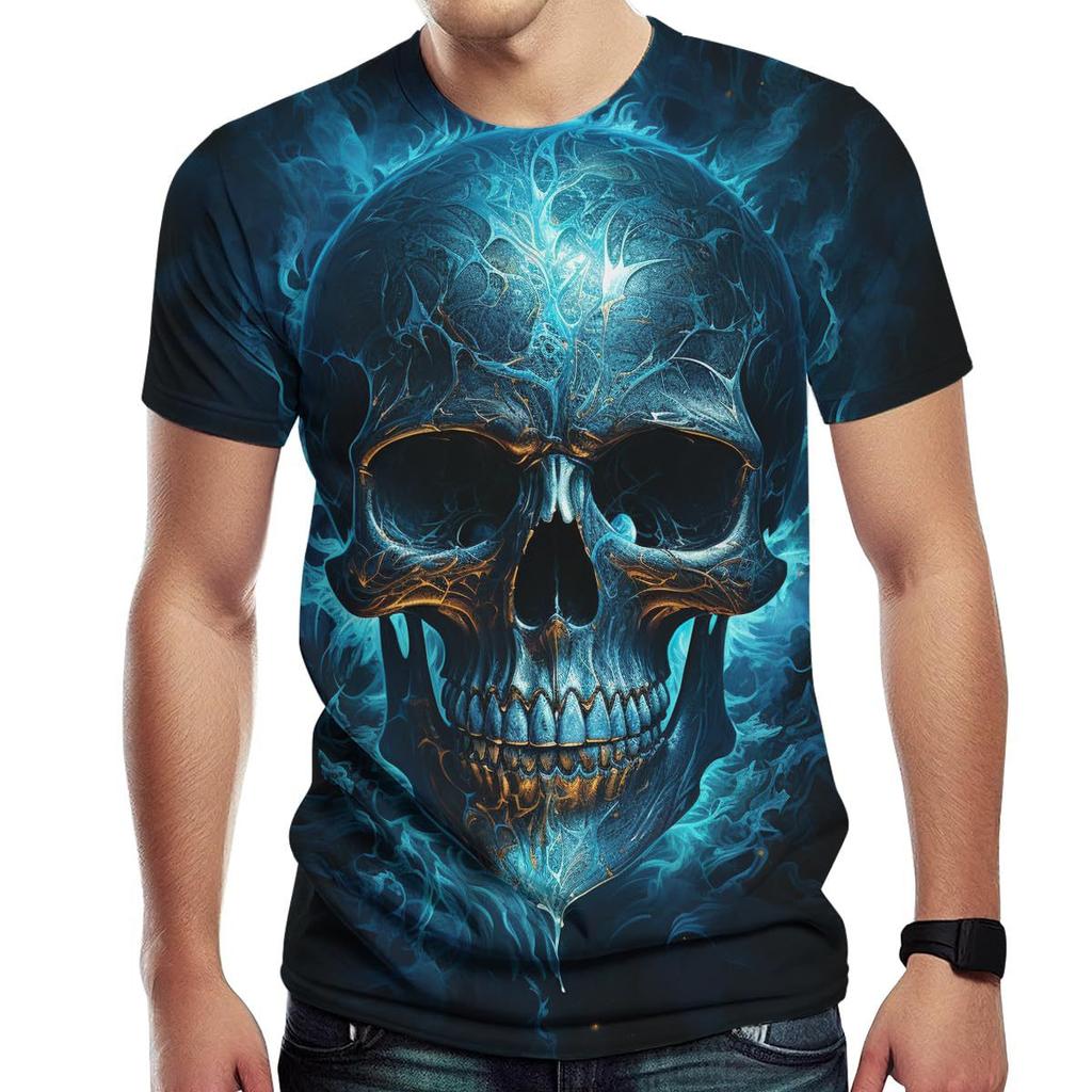 Summer Round Neck 3D Flame Skull Graphic Print Top Fashionable Casual Short Sleeved Men's T-shirts