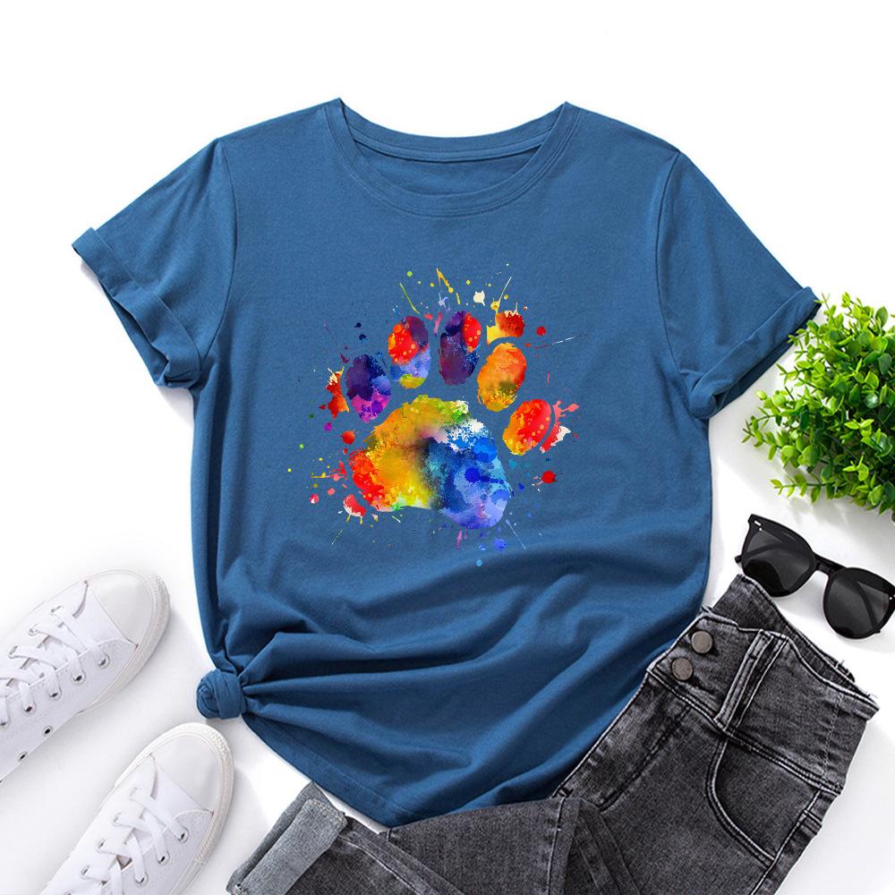 Dog Paw Pattern Cotton T-Shirt Short Sleeve Round Neck Women 2d Print Tops