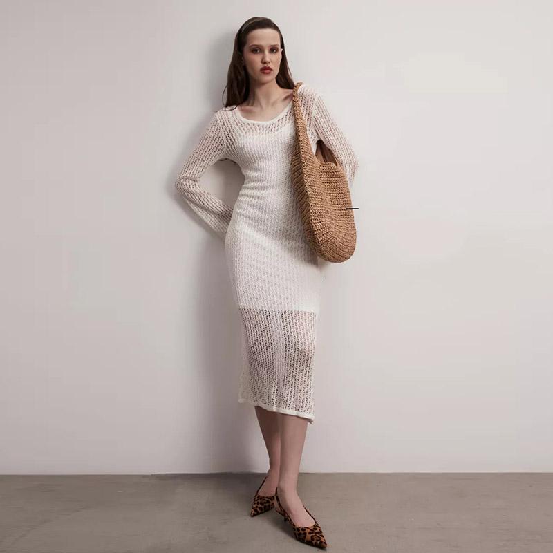 Knitted Hollow Out Beach Dresses Women Sexy Solid O-neck Long Sleeve Oversize Dress Spring Summer Lady Sunscreen Vestidos